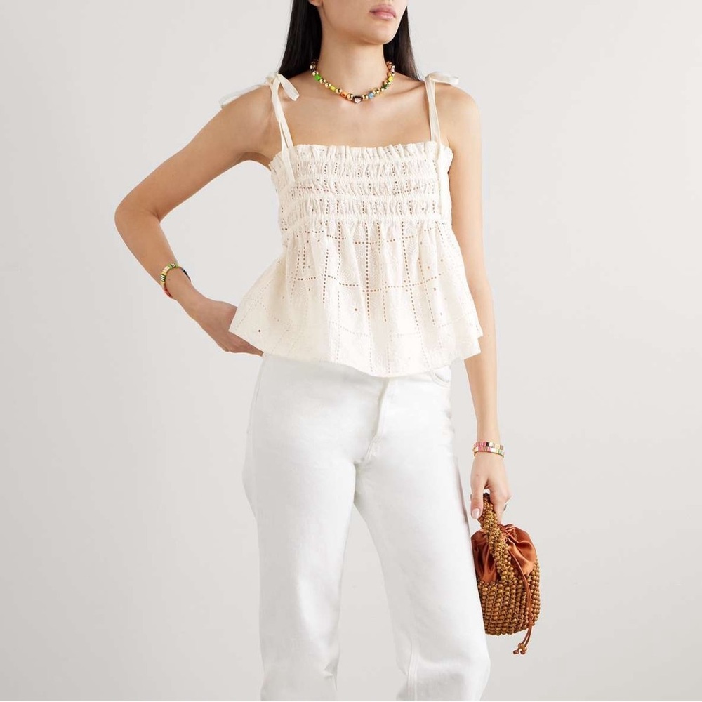 GANNI White Broderie Anglaise Smocked Eyelet Top